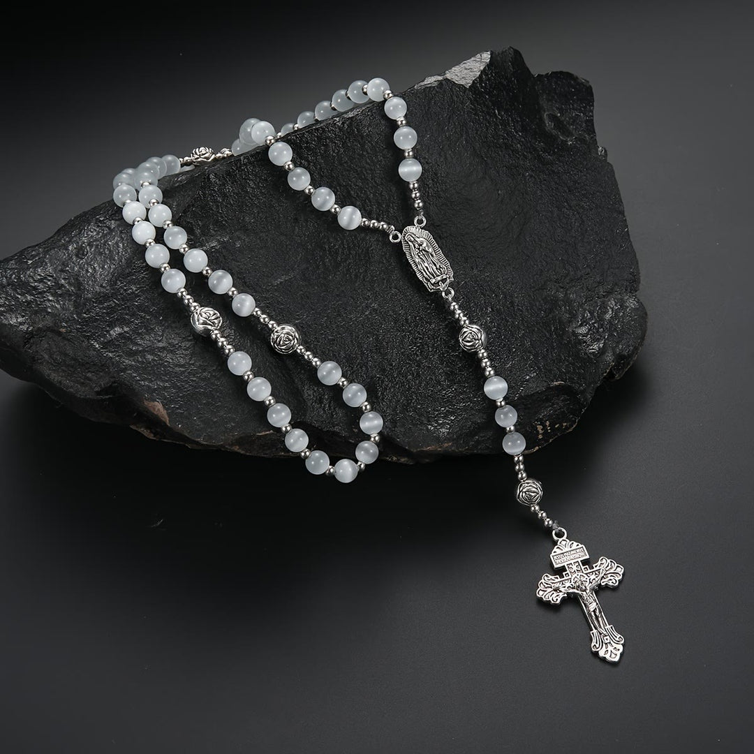 Christianartworkshop Luminous White Cat Eye Stone Rosary with Our Lady Medal & Ornate Crucifix - image 2