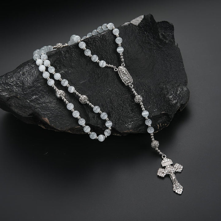 Christianartworkshop Luminous White Cat Eye Stone Rosary with Our Lady Medal & Ornate Crucifix - image 2