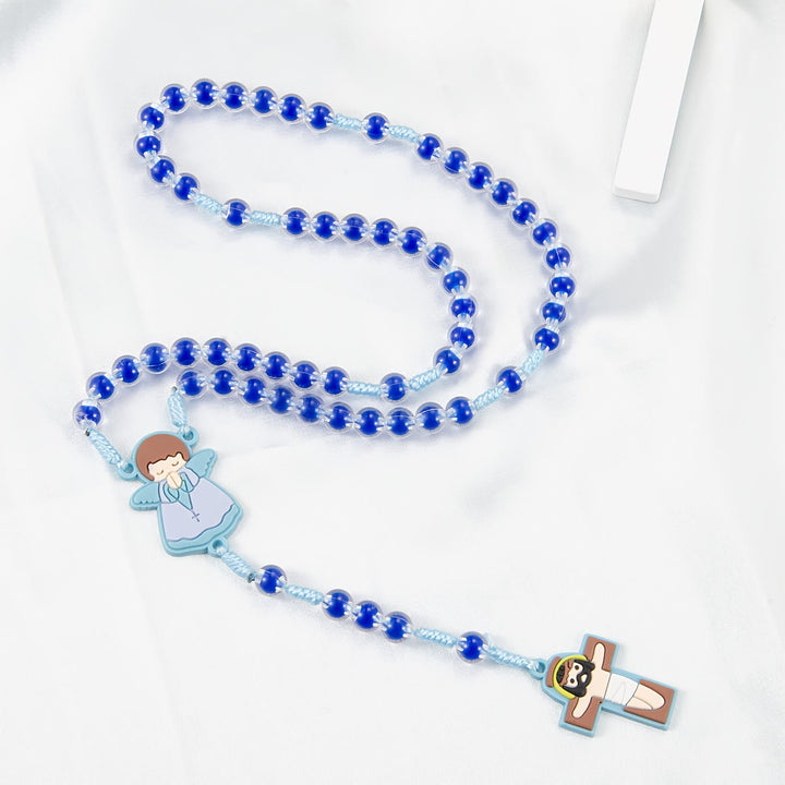 Christianartworkshop Children-Friendly Cartoon Rosary: Angel Medal & Cute Jesus Cross Pendant (Pink/Blue) - image 3