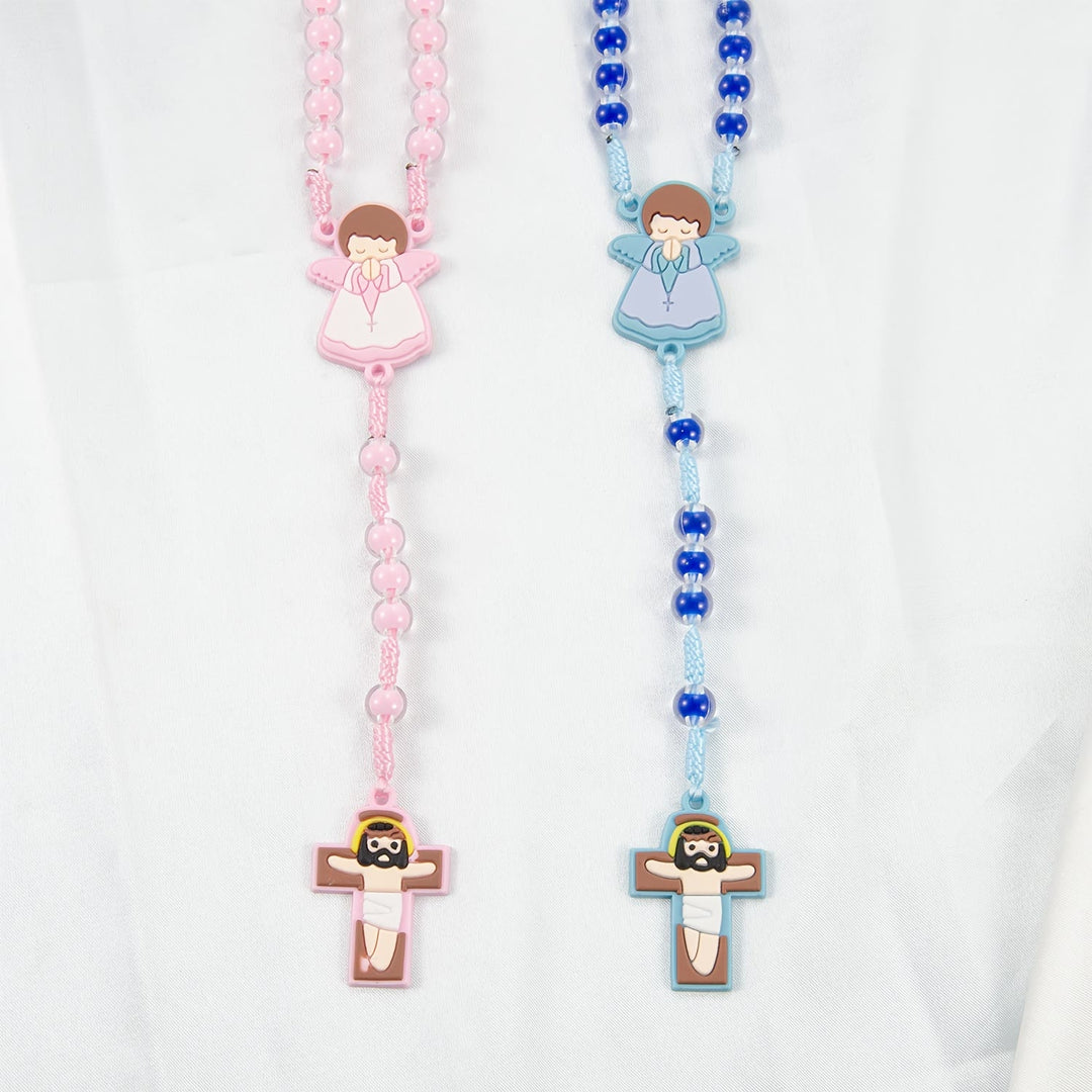 Christianartworkshop Children-Friendly Cartoon Rosary: Angel Medal & Cute Jesus Cross Pendant (Pink/Blue) - image 2
