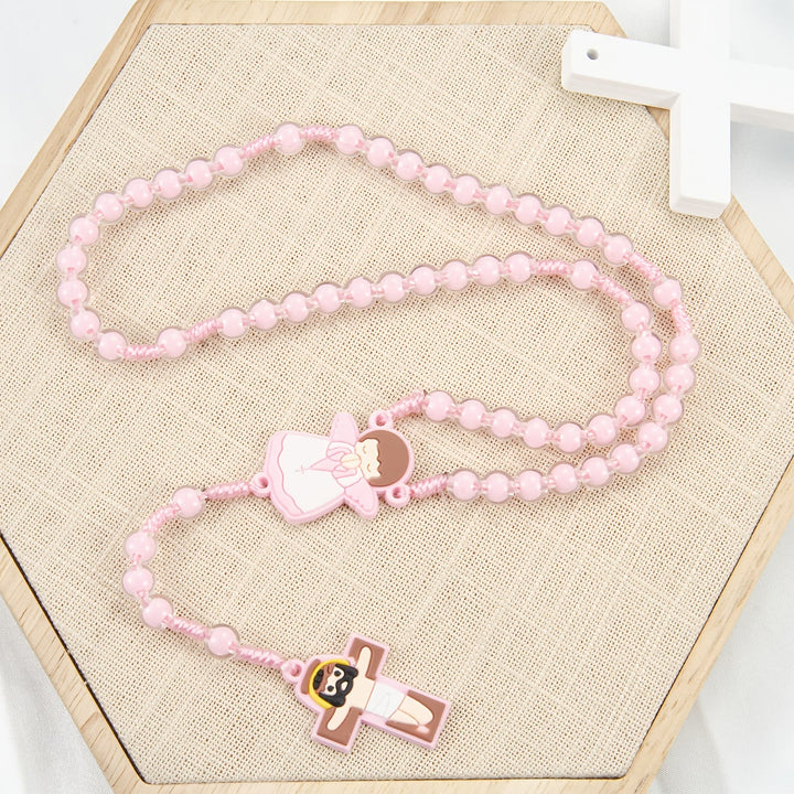 Christianartworkshop Children-Friendly Cartoon Rosary: Angel Medal & Cute Jesus Cross Pendant (Pink/Blue) - Pink - image 4