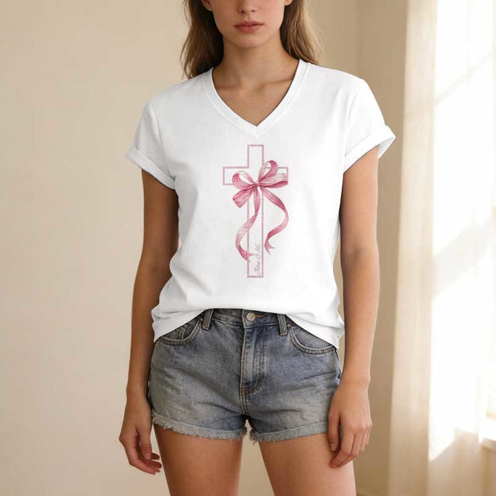 Christianartworkshop Cross With Pink Bow Graphic Casual V-neck T-shirt - image 5