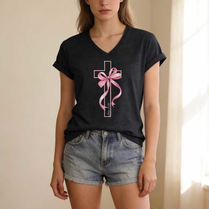 Christianartworkshop Cross With Pink Bow Graphic Casual V-neck T-shirt - image 15