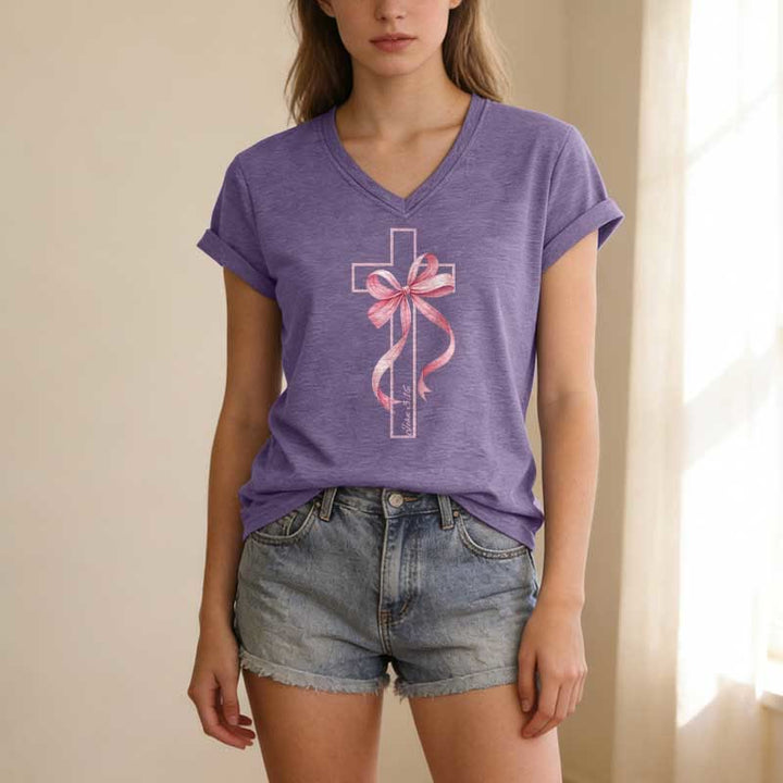 Christianartworkshop Cross With Pink Bow Graphic Casual V-neck T-shirt - image 17