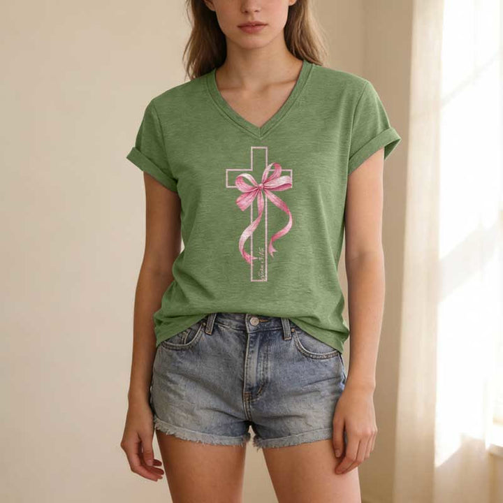 Christianartworkshop Cross With Pink Bow Graphic Casual V-neck T-shirt - image 3