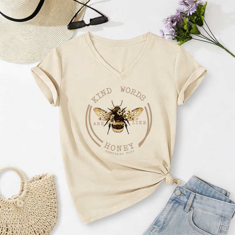 Christianartworkshop Kind Words Are Like Honey Proverbs 16:24 Bee Casual V-neck T-shirt - Beige - 2XL - image 0