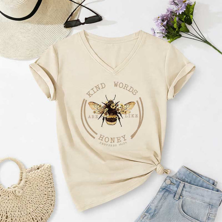 Christianartworkshop Kind Words Are Like Honey Proverbs 16:24 Bee Casual V-neck T-shirt - Beige - 2XL - image 0