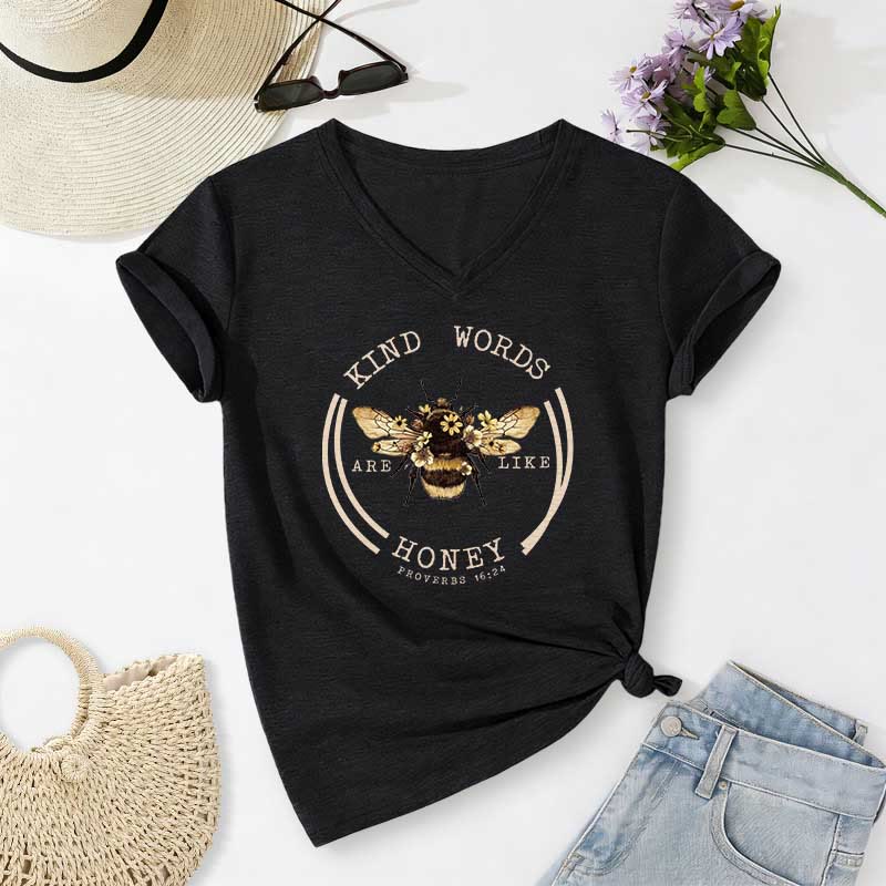 Christianartworkshop Kind Words Are Like Honey Proverbs 16:24 Bee Casual V-neck T-shirt - Black - 2XL - image 12