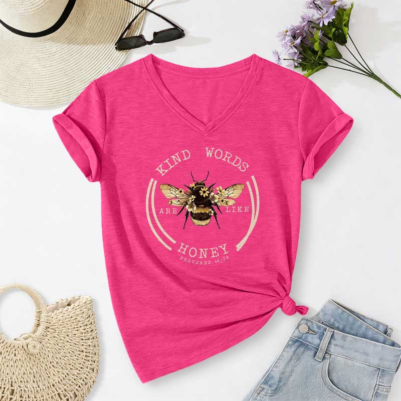 Christianartworkshop Kind Words Are Like Honey Proverbs 16:24 Bee Casual V-neck T-shirt - Rose - 2XL - image 24