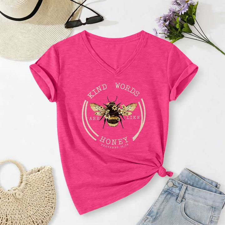 Christianartworkshop Kind Words Are Like Honey Proverbs 16:24 Bee Casual V-neck T-shirt - Rose - 2XL - image 24