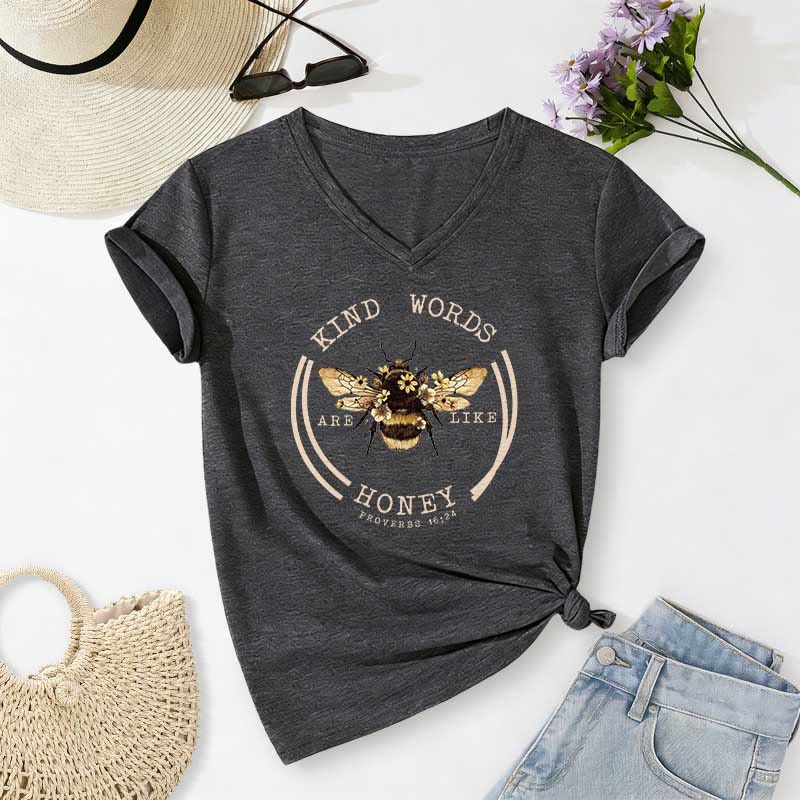 Christianartworkshop Kind Words Are Like Honey Proverbs 16:24 Bee Casual V-neck T-shirt - Dark Grey - 2XL - image 20