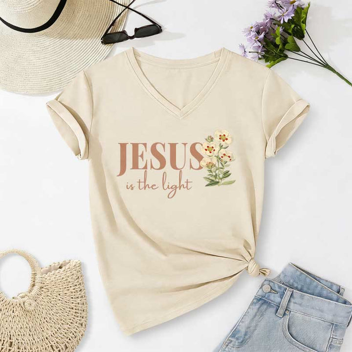 Christianartworkshop Jesus Is The Light Floral Casual V-neck T-shirt - Beige - 2XL - image 6