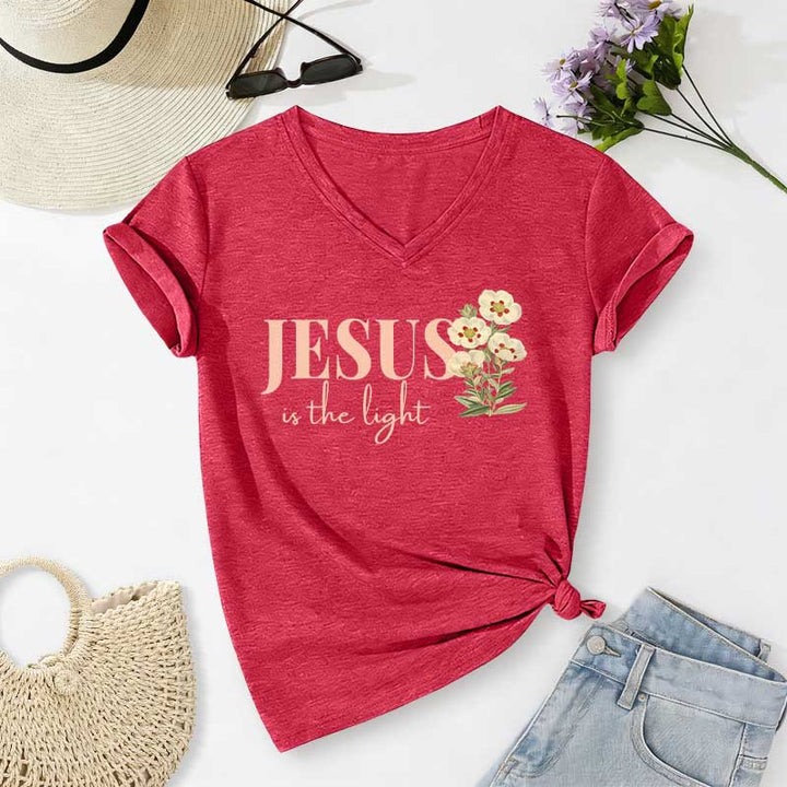 Christianartworkshop Jesus Is The Light Floral Casual V-neck T-shirt - Red - 2XL - image 24