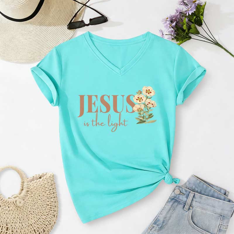 Christianartworkshop Jesus Is The Light Floral Casual V-neck T-shirt - Sky Blue - 2XL - image 10