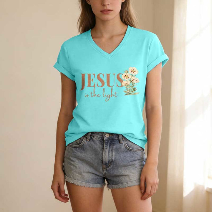 Christianartworkshop Jesus Is The Light Floral Casual V-neck T-shirt - image 11