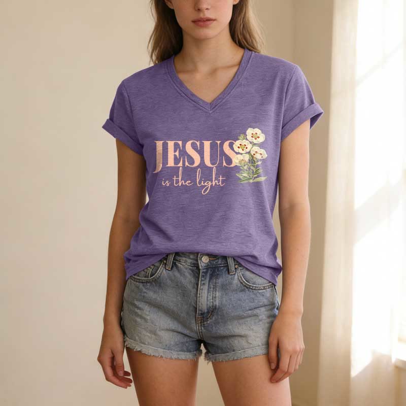 Christianartworkshop Jesus Is The Light Floral Casual V-neck T-shirt - image 19
