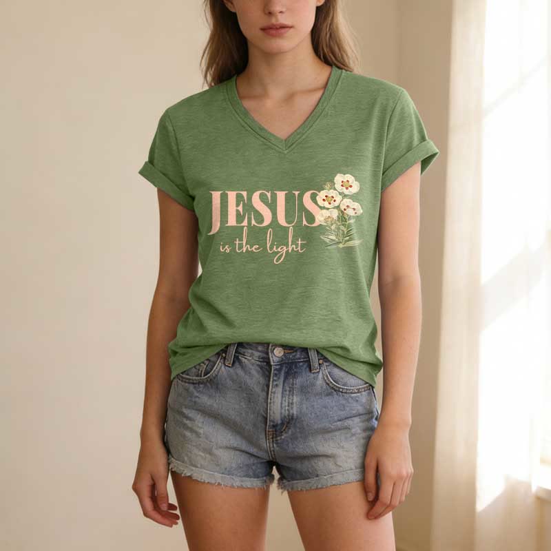 Christianartworkshop Jesus Is The Light Floral Casual V-neck T-shirt - image 3