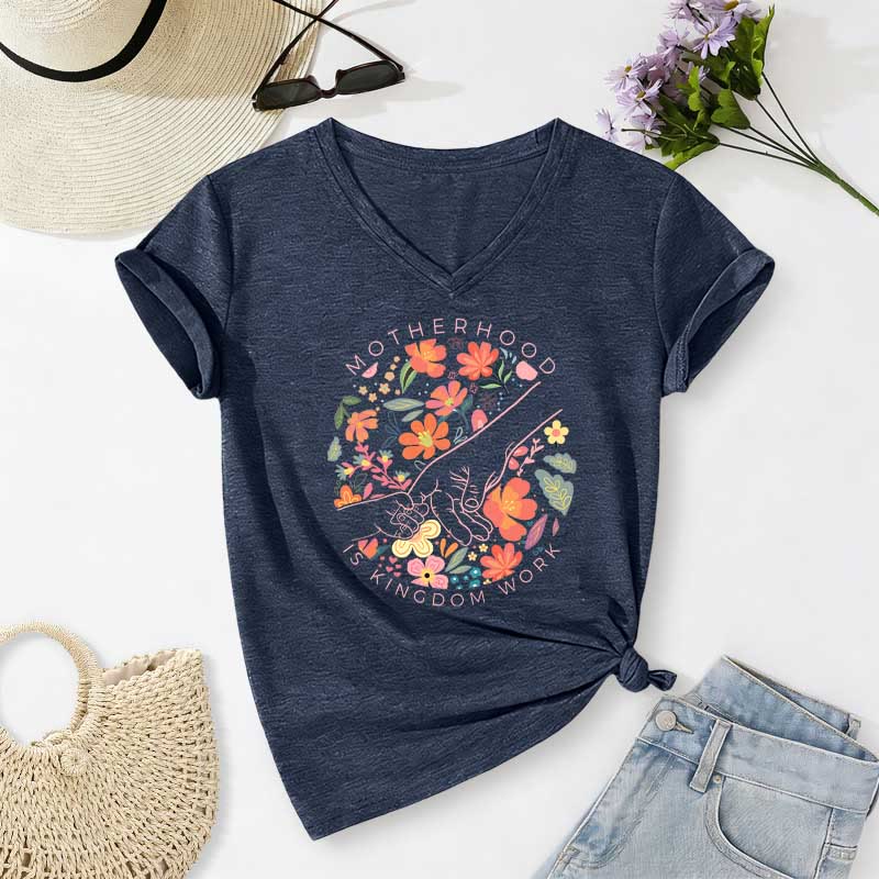 Christianartworkshop Motherhood Is Kingdom Work Floral Hand Casual V-neck T-shirt - Navy Blue - 2XL - image 18