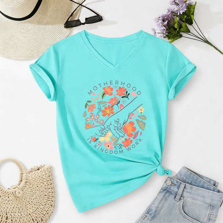 Christianartworkshop Motherhood Is Kingdom Work Floral Hand Casual V-neck T-shirt - Sky Blue - 2XL - image 8
