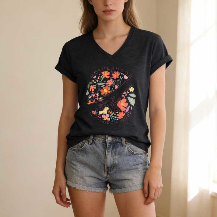 Christianartworkshop Motherhood Is Kingdom Work Floral Hand Casual V-neck T-shirt - image 13