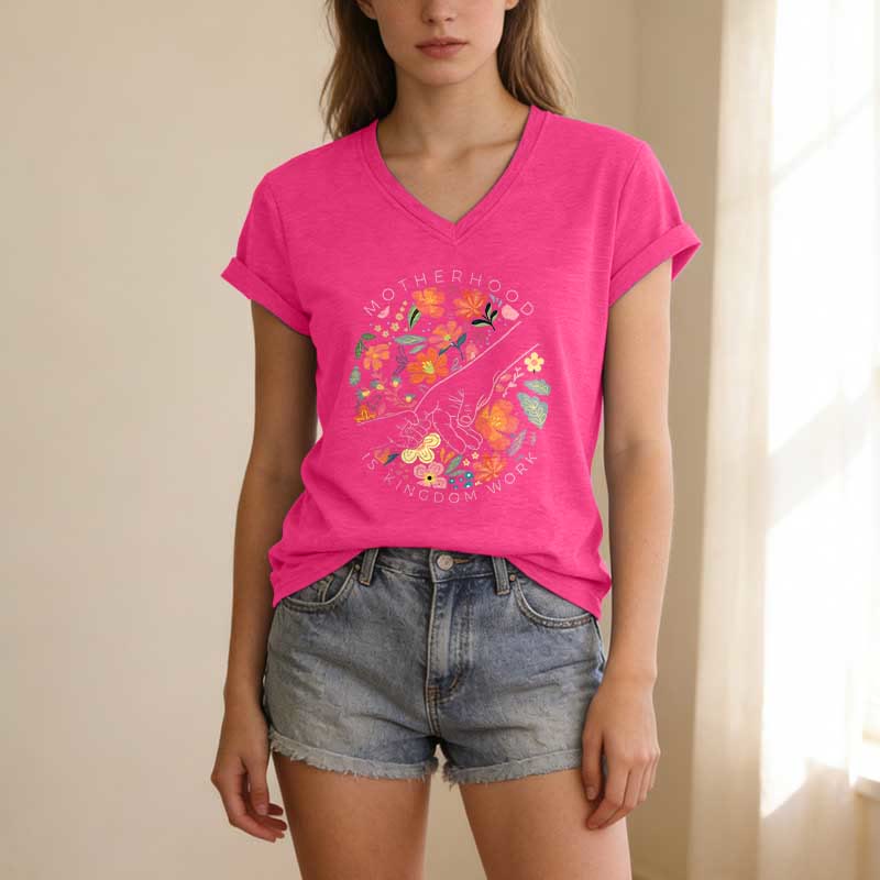 Christianartworkshop Motherhood Is Kingdom Work Floral Hand Casual V-neck T-shirt - image 25