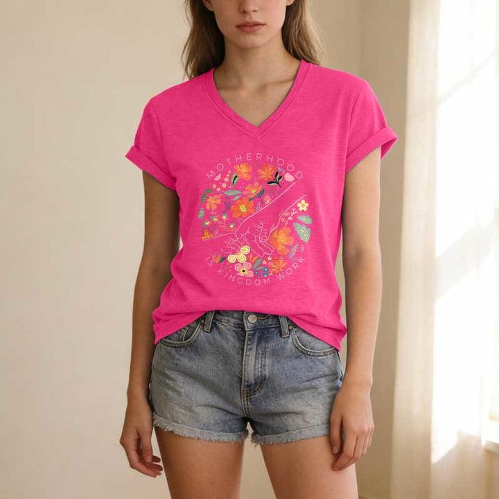 Christianartworkshop Motherhood Is Kingdom Work Floral Hand Casual V-neck T-shirt - image 25
