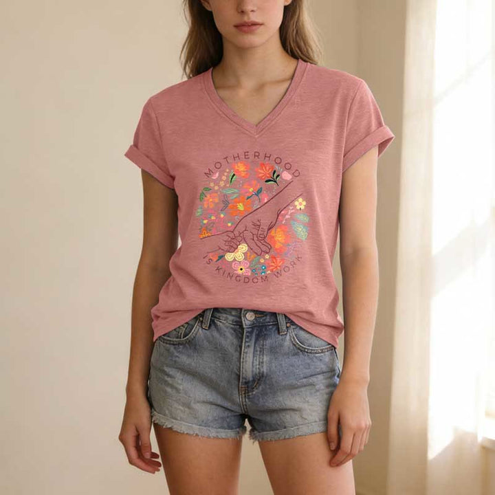 Christianartworkshop Motherhood Is Kingdom Work Floral Hand Casual V-neck T-shirt - image 11