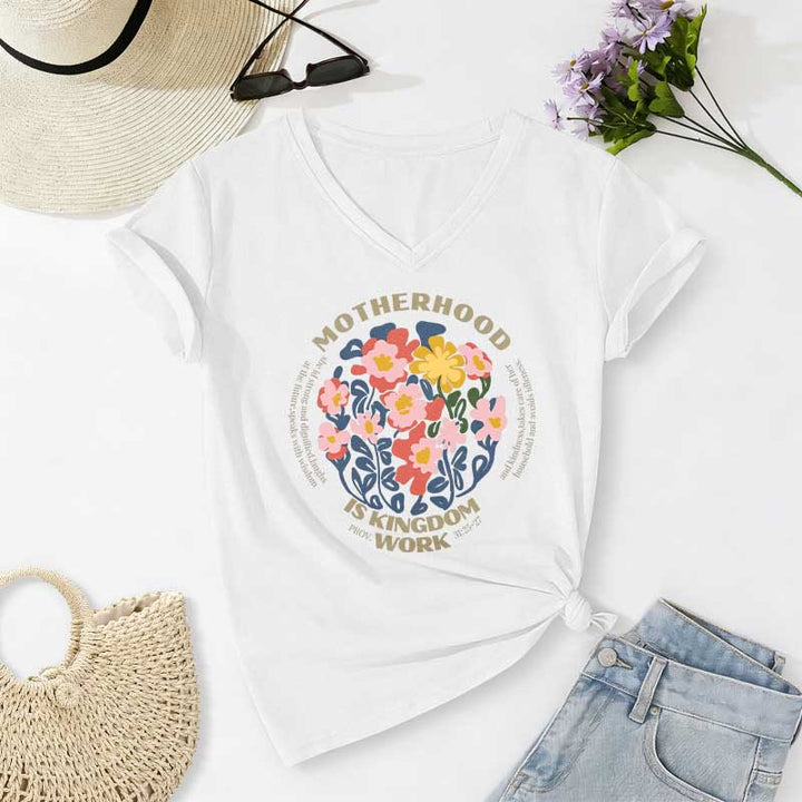 Christianartworkshop Boho Floral Motherhood Is Kingdom Work Casual V-neck T-shirt - White - 2XL - image 4