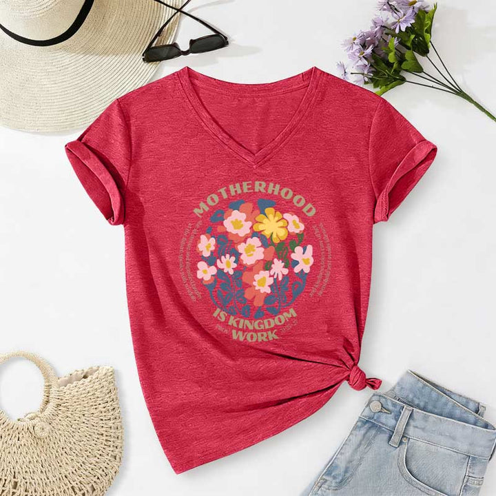 Christianartworkshop Boho Floral Motherhood Is Kingdom Work Casual V-neck T-shirt - Red - 2XL - image 22