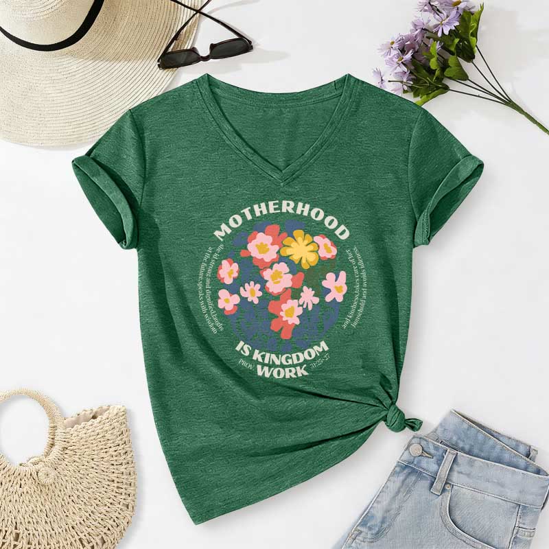 Christianartworkshop Boho Floral Motherhood Is Kingdom Work Casual V-neck T-shirt - Dark Green - 2XL - image 0