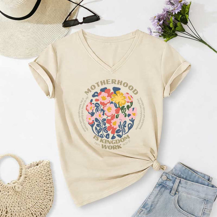 Christianartworkshop Boho Floral Motherhood Is Kingdom Work Casual V-neck T-shirt - Beige - 2XL - image 6