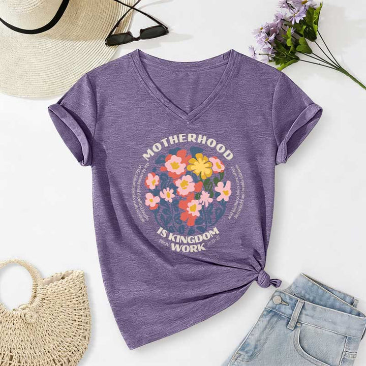 Christianartworkshop Boho Floral Motherhood Is Kingdom Work Casual V-neck T-shirt - Purple - 2XL - image 16