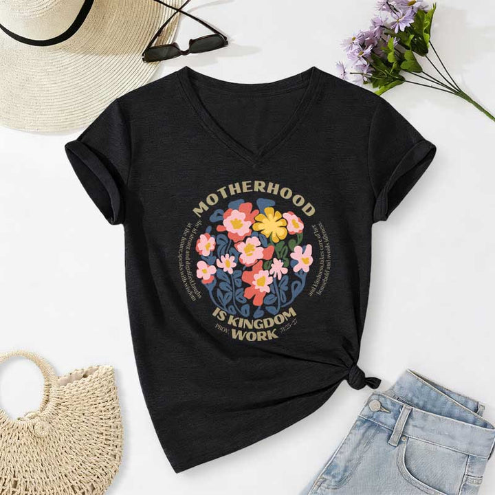 Christianartworkshop Boho Floral Motherhood Is Kingdom Work Casual V-neck T-shirt - Black - 2XL - image 14