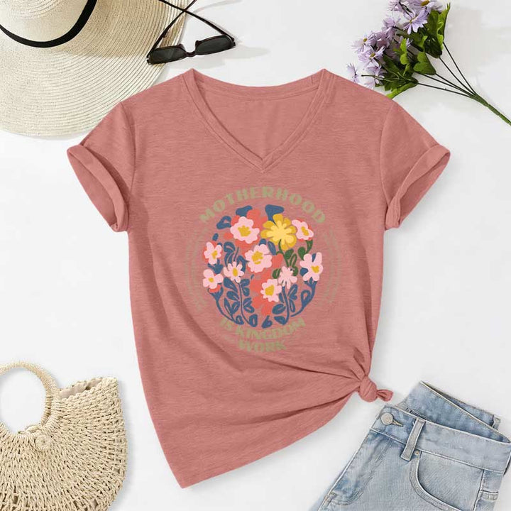 Christianartworkshop Boho Floral Motherhood Is Kingdom Work Casual V-neck T-shirt - Light Pink - 2XL - image 12