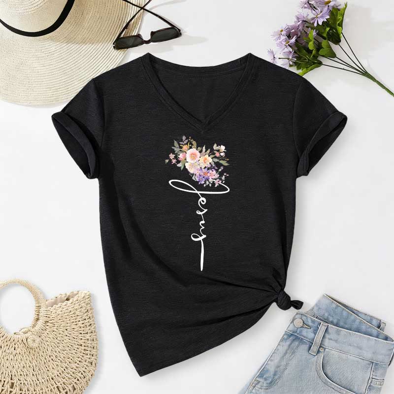Christianartworkshop Jesus Cursive Floral Casual V-neck T-shirt - Black - 2XL - image 12