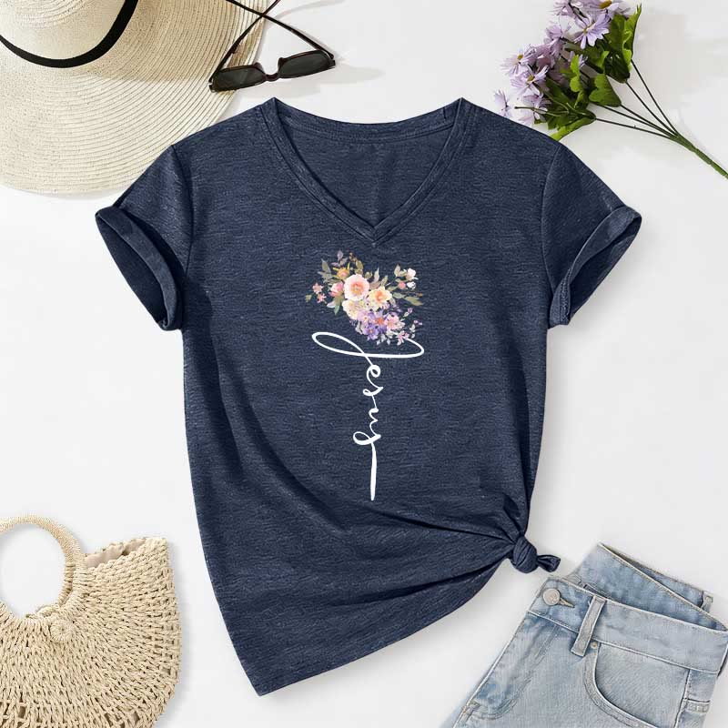 Christianartworkshop Jesus Cursive Floral Casual V-neck T-shirt - Navy Blue - 2XL - image 18