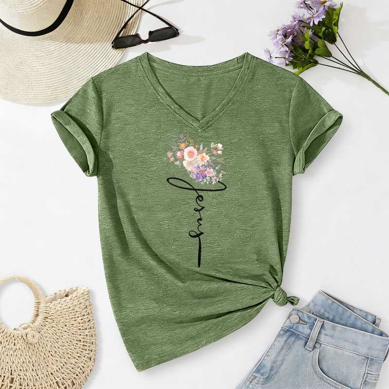 Christianartworkshop Jesus Cursive Floral Casual V-neck T-shirt - Olive Green - 2XL - image 0