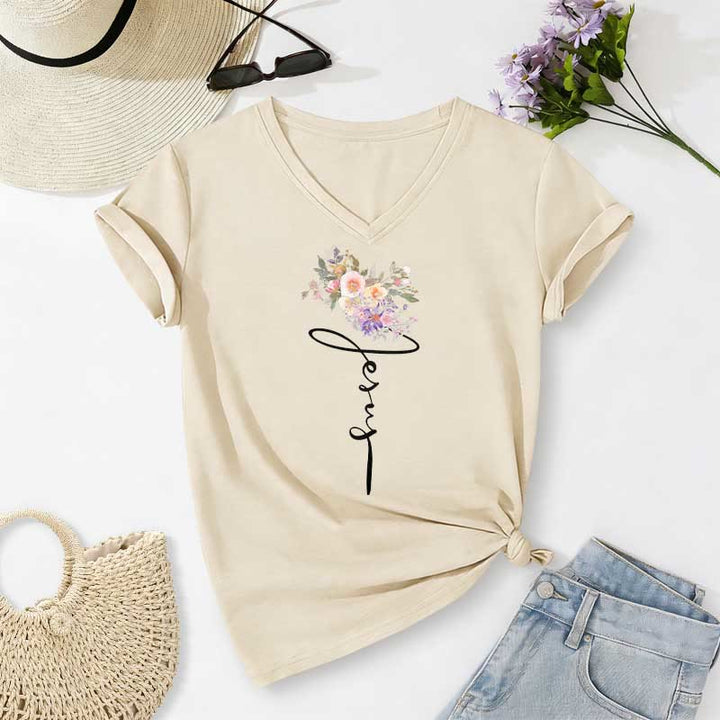 Christianartworkshop Jesus Cursive Floral Casual V-neck T-shirt - Beige - 2XL - image 4