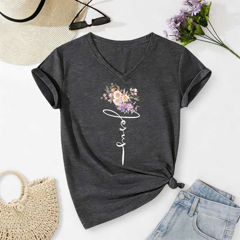 Christianartworkshop Jesus Cursive Floral Casual V-neck T-shirt - Dark Grey - 2XL - image 20