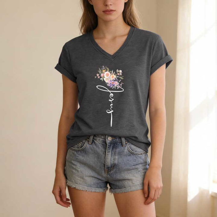 Christianartworkshop Jesus Cursive Floral Casual V-neck T-shirt - image 21