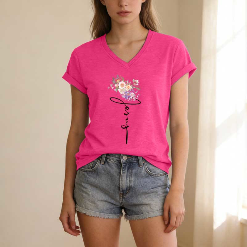 Christianartworkshop Jesus Cursive Floral Casual V-neck T-shirt - image 25