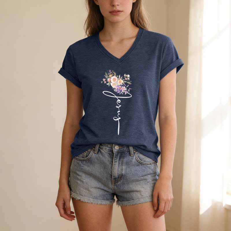 Christianartworkshop Jesus Cursive Floral Casual V-neck T-shirt - image 19