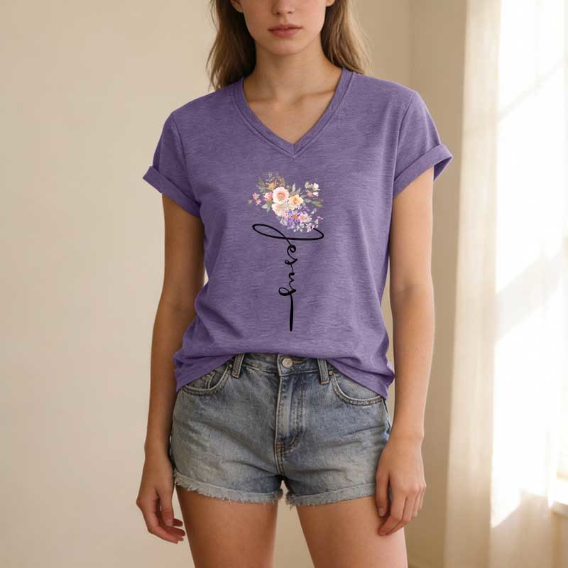 Christianartworkshop Jesus Cursive Floral Casual V-neck T-shirt - image 17