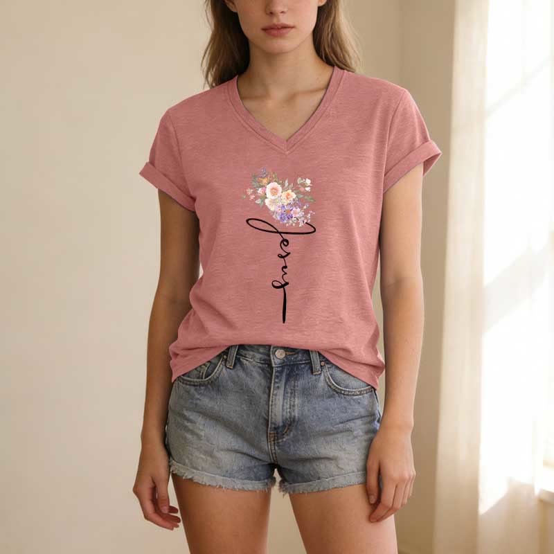 Christianartworkshop Jesus Cursive Floral Casual V-neck T-shirt - image 11