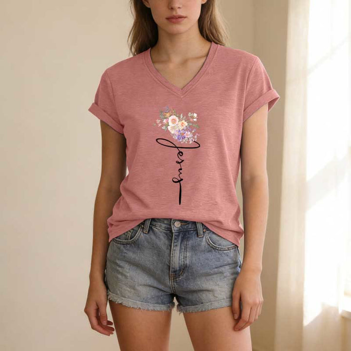 Christianartworkshop Jesus Cursive Floral Casual V-neck T-shirt - image 11