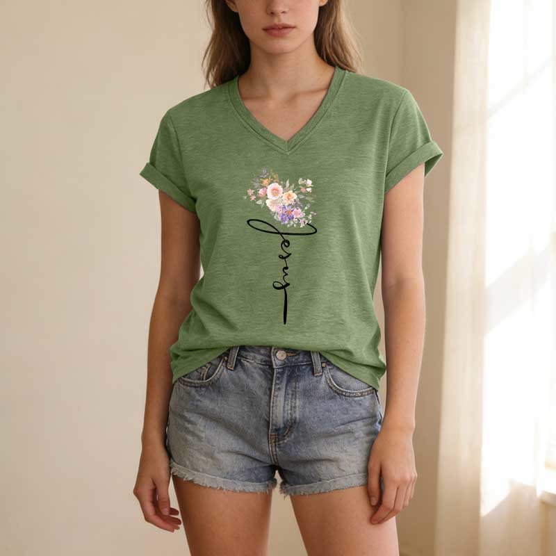 Christianartworkshop Jesus Cursive Floral Casual V-neck T-shirt - image 1