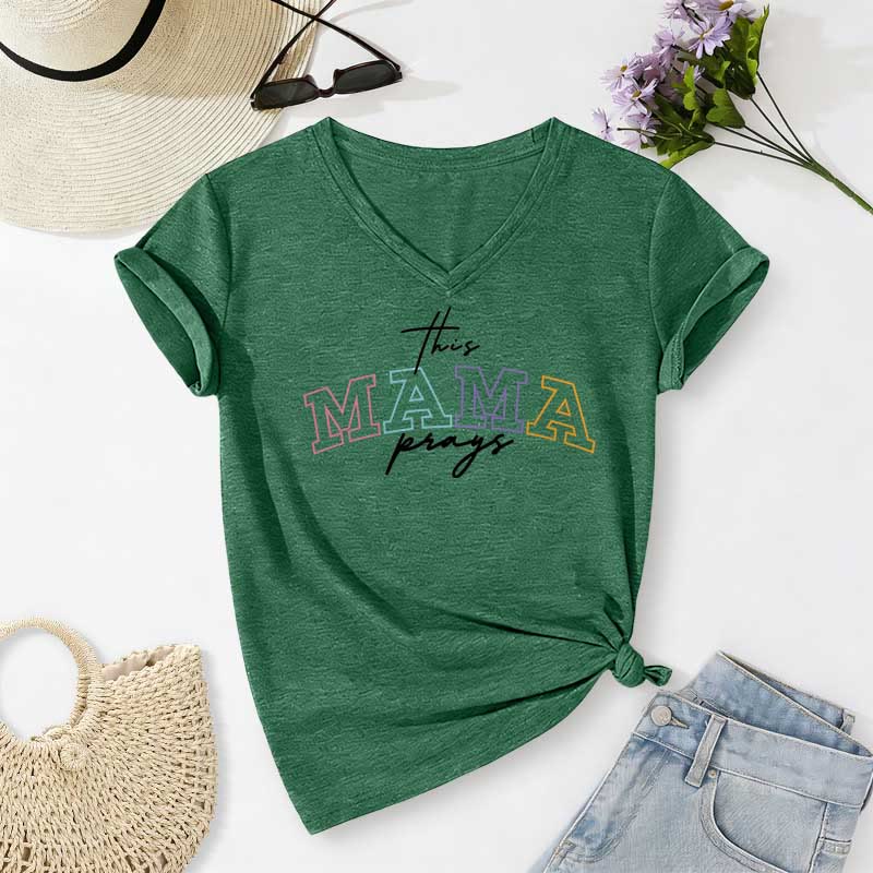 Christianartworkshop This Mama Prays Cross Casual V-neck T-shirt - Dark Green - 2XL - image 14