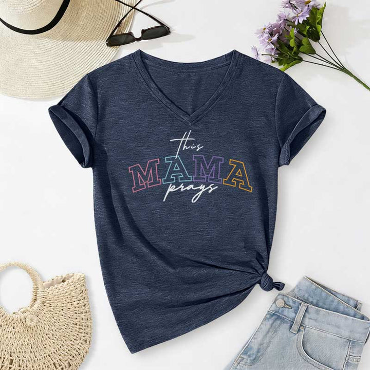 Christianartworkshop This Mama Prays Cross Casual V-neck T-shirt - Navy Blue - 2XL - image 18