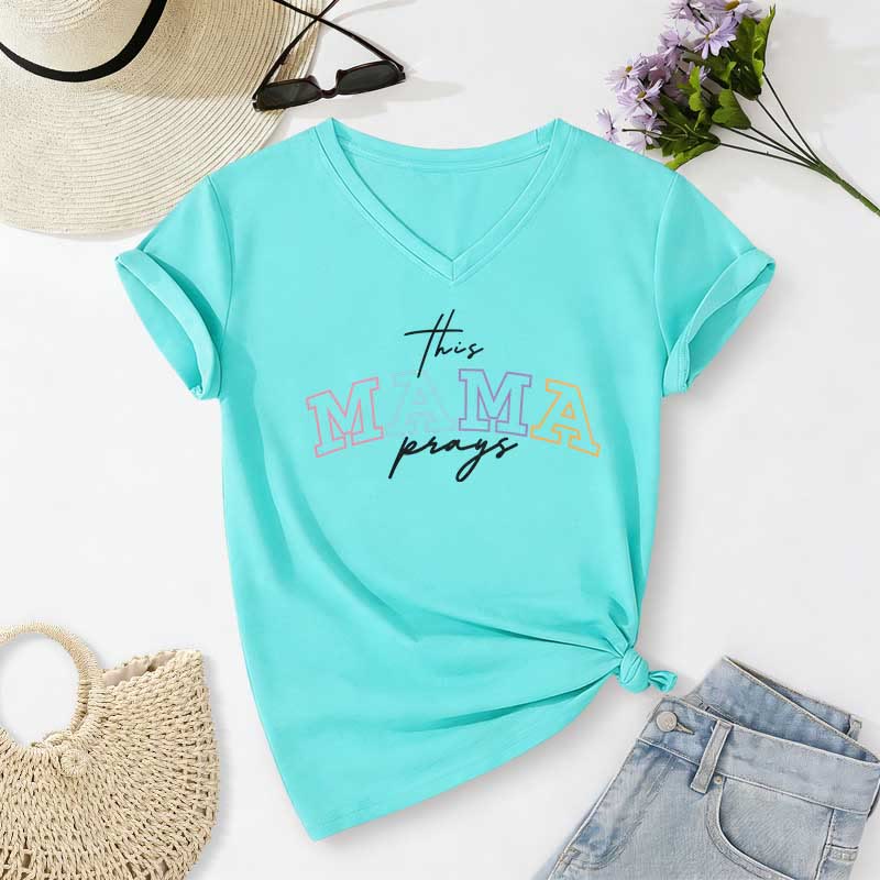 Christianartworkshop This Mama Prays Cross Casual V-neck T-shirt - Sky Blue - 2XL - image 8