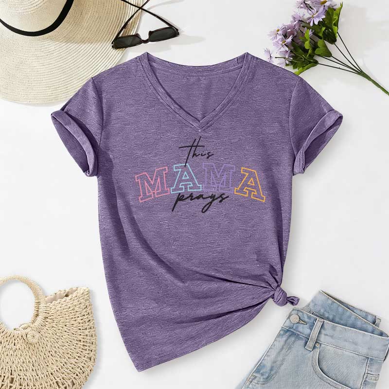 Christianartworkshop This Mama Prays Cross Casual V-neck T-shirt - Purple - 2XL - image 16
